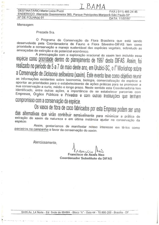 Carta do IBAMA de 11 de julho de 1997 endereçada a Maria Luiza Puzzi