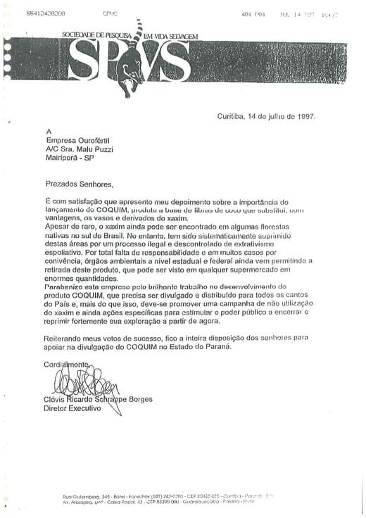 Carta da SPVS de 14 de julho de 1997 assinada por Clóvis Borges