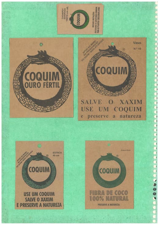 Conjunto de etiquetas originais dos produtos Coquim em papel kraft