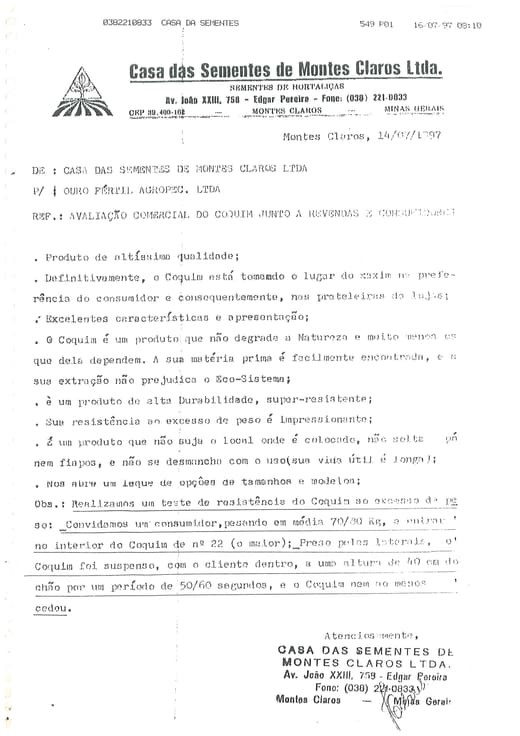 Carta da Casa das Sementes de Montes Claros de 1997 descrevendo o teste de resistência